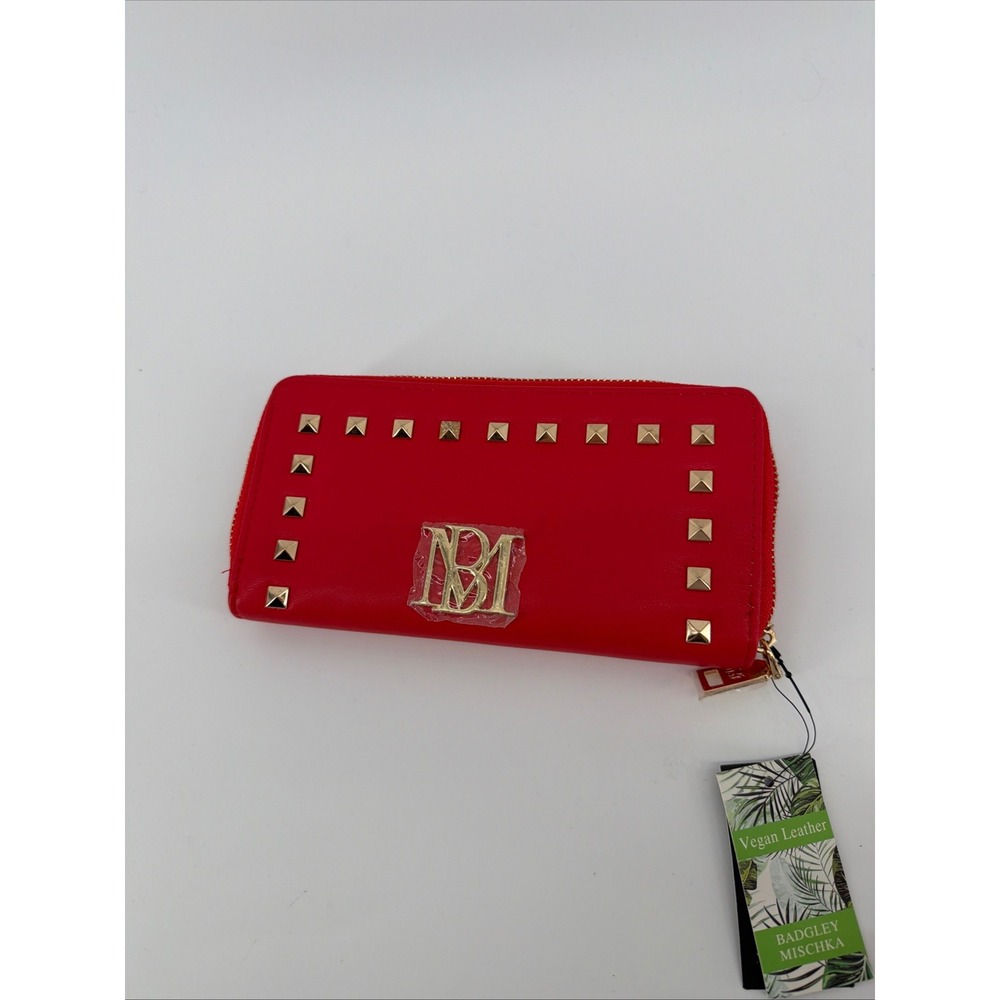 Badgley Mischka Wallet Red Vegan Leather Gold Studs Zip Around NWT BMW-001